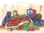  2girls bad_id bad_pixiv_id beard blonde_hair brown_hair facial_hair food fruit ganondorf hakobe_(ichiru) japanese_clothes kimono kotatsu link long_hair mandarin_orange midna midna_(true) multiple_boys multiple_girls princess_zelda red_hair sheik sleeping spoilers table television the_legend_of_zelda the_legend_of_zelda:_twilight_princess translated 