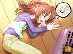  brown_hair casual lying messy_hair minami-ke on_floor on_side sleeping solo speech_bubble takeda_yukimura two_side_up uchida_yuka wooden_floor 