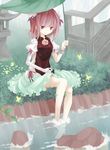  bad_id bad_pixiv_id bandages barefoot bun_cover double_bun dress ibaraki_kasen jpeg_artifacts leaf leaf_umbrella lowres no_nose shrie sitting smile soaking_feet solo tabard touhou water 