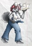 breasts canine clothing dog female fur grey grey_fur headband husky mammal nipples overalls solo surprise surprised tail tipping topless torn_clothing tray waiter walking wardrobe_malfunction winstar 