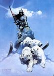  arctic armor bear blue blue_theme facial_hair fantasy frank_frazetta helmet human mammal mountain mustache oils painting polar_bear sled snow sword ursine weapon winter 