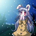  animal_ears bunny_ears coat highres long_hair mittens plaid plaid_scarf purple_hair red_eyes reisen_udongein_inaba scarf snow snowflakes solo touhou usakou 