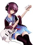  bangs bass_guitar brown_eyes cardigan fenrir_(buzhidaoshishuei) headphones highres instrument kita_high_school_uniform nagato_yuki purple_hair school_uniform serafuku short_hair solo suzumiya_haruhi_no_yuuutsu thighhighs tissue_princess 