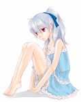  aoisorawa bad_id bad_pixiv_id bare_shoulders barefoot darker_than_black dress feet flat_chest hair_ribbon long_hair ponytail red_eyes ribbon silver_hair solo yin 