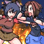  blue_hair boxing cat_ears cleavage explosion fingerless_gloves genderswap gloves heavy_weapons_guy huge_breasts jacket punch skirt spit sweat team_fortress_2 the_heavy unzipped 