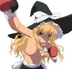  a1 absurdres armpits blonde_hair bow boxing boxing_gloves breasts clenched_teeth hair_bow hat highres kirisame_marisa long_hair medium_breasts motion_blur nipples punching simple_background solo sweat teeth topless touhou witch_hat yellow_eyes 