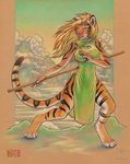  2010 clouds digitigrade feline female green_eyes hair kacey long_hair long_orange_hair orange_hair polearm solo staff standing tail teeth tiger 