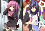  angel_beats! animal animal_on_head blue_hair bow brown_eyes cat cat_on_head company_connection crossover futaki_kanata key_(company) kuwashima_rein little_busters! long_hair multiple_girls on_head pink_bow purple_hair scarf school_uniform serafuku shiina_(angel_beats!) side_ponytail thighhighs zettai_ryouiki 