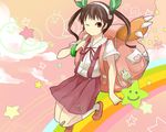  backpack bag bakemonogatari bandaid bandaid_on_knee brown_hair hachikuji_mayoi hair_ribbon hairband hiiroichi monogatari_(series) one_eye_closed red_eyes ribbon skirt snail solo star twintails wallpaper 