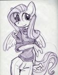  anthro anthrofied equine female fluttershy_(mlp) friendship_is_magic horse king-cheetah looking_at_viewer mammal monochrome my_little_pony pegasus plain_background pony smile solo sweater traditional_media white_background wings 