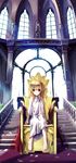  barefoot blonde_hair green_eyes hair_down heterochromia highres indoors leaf long_hair lyrical_nanoha mahou_shoujo_lyrical_nanoha_strikers petals red_eyes sitting solo stairs statue throne vivio window yone 