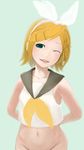  bad_id bad_pixiv_id blonde_hair bottomless bow face green_eyes groin hair_bow hair_ornament hairclip kagamine_rin navel ocaca_(chocolate-hopper) one_eye_closed out-of-frame_censoring short_hair solo vocaloid 