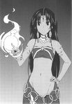  armlet bracelet circlet dark_skin earrings greyscale groin hand_on_hip highres jewelry long_hair midriff monochrome morii_shizuki mystic_museum navel necklace no_panties solo 