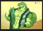  abs anthro biceps big_muscles clenched_teeth clothing dinosaur fangs filming green_eyes green_skin grin jacket kane_(kfdp) kokuhane kung_fu_dino_posse male muscles open_shirt pants pecs pose recording scales scalie shirt smile solo standing t-rex tail teeth theropod toned tyrannosaurus_rex 