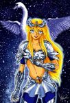  armor blonde_hair cygnus_hyoga cygnus_hyouga female genderswap hyoga knights_of_the_zodiac lipstick long_hair makeup saint_seiya solo space 