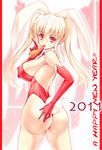  2011 animal_ears ass bare_legs blonde_hair breasts bunny_ears bunny_tail bunnysuit carrot chinese_zodiac covered_nipples happy_new_year highres huge_breasts impossible_clothes ishida_hiroyuki long_hair looking_back new_year one-piece_thong original panties partially_visible_vulva red_eyes solo tail twintails underwear wedgie year_of_the_rabbit 
