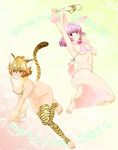  animal_ears animal_print armpits bad_id bad_pixiv_id barefoot bikini blonde_hair bunny_ears bunny_tail feet highres morisato_yuuji multiple_girls original pink_eyes pink_hair short_hair swimsuit tail thong_bikini tiger_ears tiger_print tiger_tail yellow_eyes 