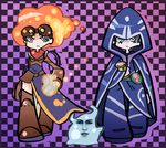  amoeboid_changeling belt blue_eyes boots cape chandra_nalaar checkered checkered_background fiery_hair fire frown goggles green_hair hood jace_beleren magic:_the_gathering multiple_girls orange_hair panty_&amp;_stocking_with_garterbelt parody sarikyou scroll style_parody thigh_boots thighhighs 