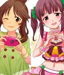  :d ;d blush brown_hair camera choker earrings head_tilt heart heart_hands idolmaster idolmaster_cinderella_girls jewelry looking_at_viewer multiple_girls navel ogata_chieri one_eye_closed open_mouth purple_hair rison sidelocks smile takamori_aiko tareme twintails wrist_cuffs yellow_eyes 