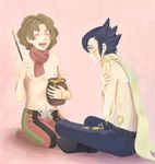  2boys annoyed arty_(pokemon) blue_hair blush brown_hair closed_eyes crossed_arms elite_four eyes_closed frown giima_(pokemon) gym_leader heart honey multiple_boys open_mouth painting pokemon pokemon_(game) pokemon_black_and_white pokemon_bw scarf shirtless short_hair 