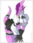  bent_over blazingstar breasts clothing crest dragon exposed female garter green_eyes half-closed_eyes horns looking_at_viewer maid maid_uniform marc_leonhardt nipples pink scalie solo tongue tongue_out white 