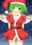  arms_behind_back bad_id bad_pixiv_id belt breasts breath cleavage daiyousei green_eyes green_hair hat large_breasts open_mouth ryokuyou_(greencosmos) santa_costume santa_hat short_hair snowing solo touhou wings 