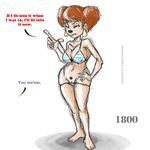  1800 34from1800 big_breasts bikini blue_eyes breasts brown_hair clothed clothing dialog disney ear_piercing english_text female goof_troop hair nipples peg peg_pete piercing plain_background pubes pussy skimpy swimsuit text tight_clothing white_background 