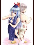  bad_id bad_pixiv_id blue_hair bow breasts china_dress chinese_clothes cleavage dress flower fujiwara_no_mokou hair_bow hat highres kamishirasawa_keine long_hair medium_breasts mochi.f multiple_girls no_socks red_eyes silver_hair touhou 