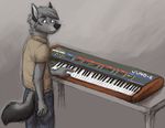  734 2008 black black_nose blue_eyes canine grey grey_hair hair keyboard looking_back male pants shirt short_grey_hair short_hair solo standing synthesizer table tail wolf 