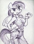  anthro anthrofied breasts clothing ear_piercing earring equine female friendship_is_magic gloves grin horse king-cheetah looking_at_viewer mammal monochrome my_little_pony open_mouth pegasus piercing plain_background pony rainbow_dash_(mlp) shirt solo tank_top traditional_media white_background wings 