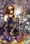  bad_id bad_pixiv_id bare_shoulders bird birdcage blonde_hair brown_eyes brown_hair cage dress elbow_gloves feathers flower gloves highres jewelry jeya necklace original petals ring rose rose_petals sitting solo tree white_flower white_rose 