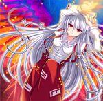  bow fire fujiwara_no_mokou hair_bow hair_ribbon long_hair pants red_eyes ribbon silver_hair solo suspenders touhou yanagi_akane_(yousei_kinoko) 