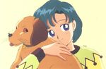  :p bangs bishoujo_senshi_sailor_moon blue_eyes blue_hair blush brown_eyes collar cute dog earrings head_tilt holding hug hug_from_behind jewelry kazu. mizuno_ami official_art parted_bangs puppy sailor_mercury short_hair shy simple_background smile sweater tongue whiskers yellow_background 