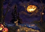  castle halloween jack-o'-lantern night night_sky no_humans original pumpkin scenery sky sukya tree 