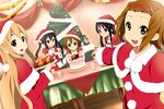  akiyama_mio black_eyes black_hair blonde_hair blue_eyes brown_eyes brown_hair cake christmas christmas_tree dutch_angle food hirasawa_yui k-on! kisuke_(akutamu) kotobuki_tsumugi long_hair multiple_girls nakano_azusa official_style santa_costume short_hair tainaka_ritsu turkey_(food) 