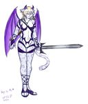  alyssasuccubus armor feline female hi_res katsuke kita piercing pussy snow_leopard solo spots succubus sword weapon wings 