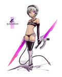  dual_wielding flat_chest gia gloves grey_hair headphones highres holding mecha_musume midriff navel original purple_eyes revealing_clothes short_hair solo sword thighhighs weapon 