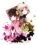  america_(hetalia) axis_powers_hetalia bad_id bad_pixiv_id black_hair blonde_hair blue_eyes flower genderswap genderswap_(mtf) hair_ornament hairclip hosikurage jacket japan_(hetalia) japanese_clothes kimono multiple_girls one_eye_closed 