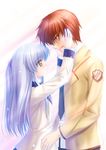  1girl angel_beats! blazer blue_hair comforting hands_on_another's_face hinoue_itaru jacket otonashi_(angel_beats!) red_hair school_uniform tears tenshi_(angel_beats!) yellow_eyes 