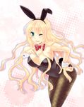  animal_ears blonde_hair blue_eyes breasts bunny_ears bunnysuit cleavage fishnet_pantyhose fishnets large_breasts leaning_forward long_hair one_eye_closed original pantyhose sarasa-sasa solo 