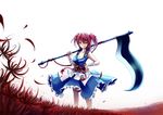  absurdres amakan! breasts cleavage flower hair_bobbles hair_ornament highres large_breasts obi onozuka_komachi red_eyes red_hair sash scythe solo spider_lily standing touhou two_side_up 