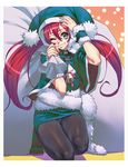  bell black_legwear cozy green_eyes green_santa_costume grin hat highres jester_cap kneeling long_hair one_eye_closed original panties panties_under_pantyhose pantyhose red_hair sack santa_costume santa_hat smile solo twintails underwear upskirt wrist_cuffs 