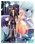  1girl ayamisiro black_eyes black_hair blue_background boots bracelet character_name copyright_name estellise_sidos_heurassein gloves grey_footwear hat jewelry knee_boots long_hair pink_hair short_hair tales_of_(series) tales_of_vesperia yuri_lowell 