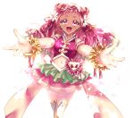  1girl :d clover_earrings crop_top cure_yell double_bun floating_hair flower getsuyoubi hair_flower hair_ornament hair_ribbon heart heart_hair_ornament highres hugtto!_precure layered_skirt long_hair looking_at_viewer midriff miniskirt open_mouth outstretched_arms pink_hair pink_ribbon pink_skirt pleated_skirt precure red_ribbon ribbon see-through simple_background skirt smile solo standing stomach thighhighs white_background white_flower white_legwear wrist_cuffs 
