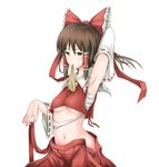  arm_up armpits ascot bad_id bad_pixiv_id bow breasts brown_eyes brown_hair crost detached_sleeves hair_bow hair_ribbon hakurei_reimu medium_breasts midriff mouth_hold navel open_clothes open_skirt ribbon sarashi skirt solo touhou underboob 