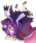  :3 acerola_(pokemon) blush brown_flower brown_footwear character_doll closed_mouth crossed_arms dress flipped_hair flower gen_1_pokemon gen_7_pokemon gengar hair_flower hair_ornament highres legs_up looking_at_viewer lying mimikyu on_stomach pokemon pokemon_(creature) pokemon_(game) pokemon_sm purple_dress purple_eyes purple_hair red_eyes sandals shoe_soles short_sleeves tongue tongue_out tsukiyo_(skymint) white_background 