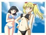  absurdres bikini black_bikini black_hair blonde_hair blush breasts covered_nipples gentoku hair_ribbon highres medium_breasts multiple_girls navel orange_hair red_eyes ribbon sawachika_eri school_rumble swimsuit tsukamoto_yakumo twintails 