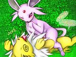  cum_in_mouth cum_inside cum_on_feet duo eeveelution espeon female feral jolteon licking male nintendo outside penis pok&#233;mon pok&eacute;mon pussy text tongue unknown_artist video_games 