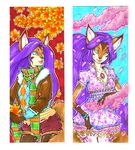  blue_eyes brown brown_fur canine cute dress female fox fur hair jacket jewelry mammal purple_hair scarf smile tomhoshino 