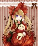  ai_(creamcaramel) blonde_hair blue_eyes blush bonnet bow dress flower hand_on_own_face kunkun long_hair open_mouth pink_flower pink_rose rose rozen_maiden shinku smile solo stuffed_animal stuffed_dog stuffed_toy twintails 